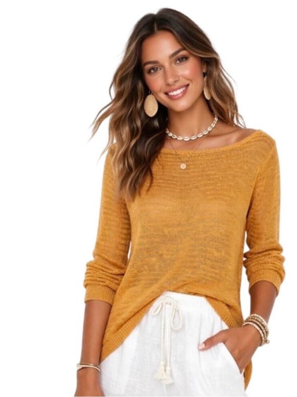 Tahari 100 Percent Linen Knit Long Sleeve Top Yellow Large summer boho minimal